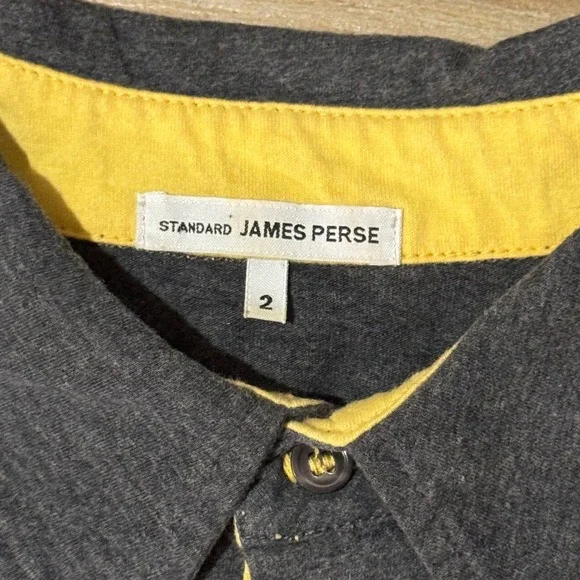 James Perse Standard Mens Polo Shirt Grey Yellow Trim Size 2 Medium Short Sleeve